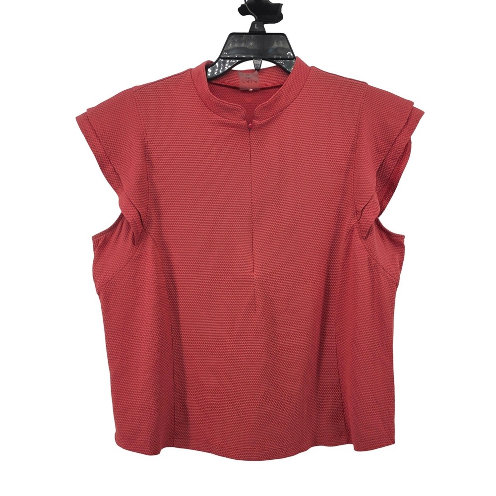 Calia Renew Texture Ruffled Cap Sleeve Zip Mock Neck Golf Top Coral Womens XL